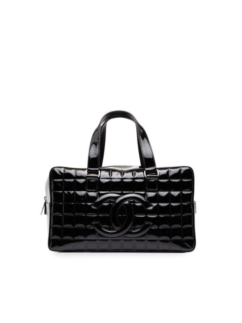Chanel CC Logo Choco Bar Handbag Mini Boston Black Patent Leather